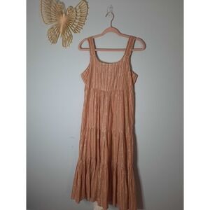 Linda Anderson SG Striped Sun Dress Multi Metallic Gold Orange Tiered Midi New